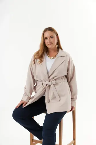 Belt Lace Detailed Plus Size Jacket Cream - 1