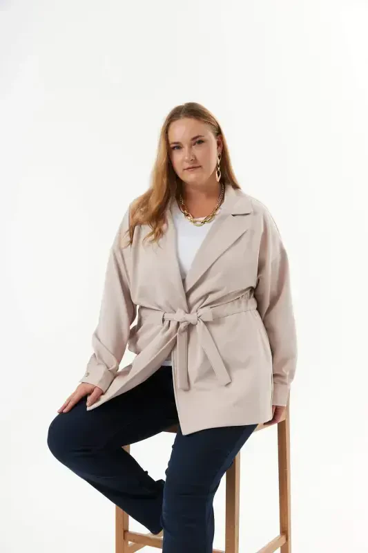 Belt Lace Detailed Plus Size Jacket Cream - 1