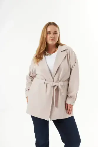 Belt Lace Detailed Plus Size Jacket Cream - BÜYÜKBEDENIZ (1)