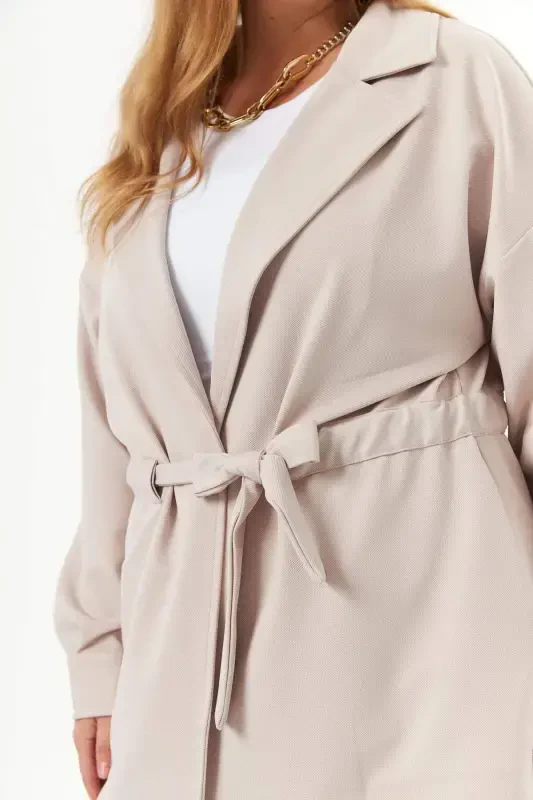 Belt Lace Detailed Plus Size Jacket Cream - 3
