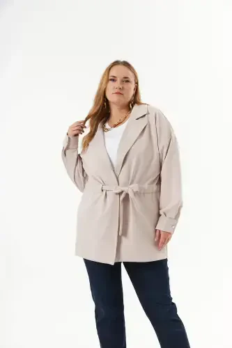 Belt Lace Detailed Plus Size Jacket Cream - 4