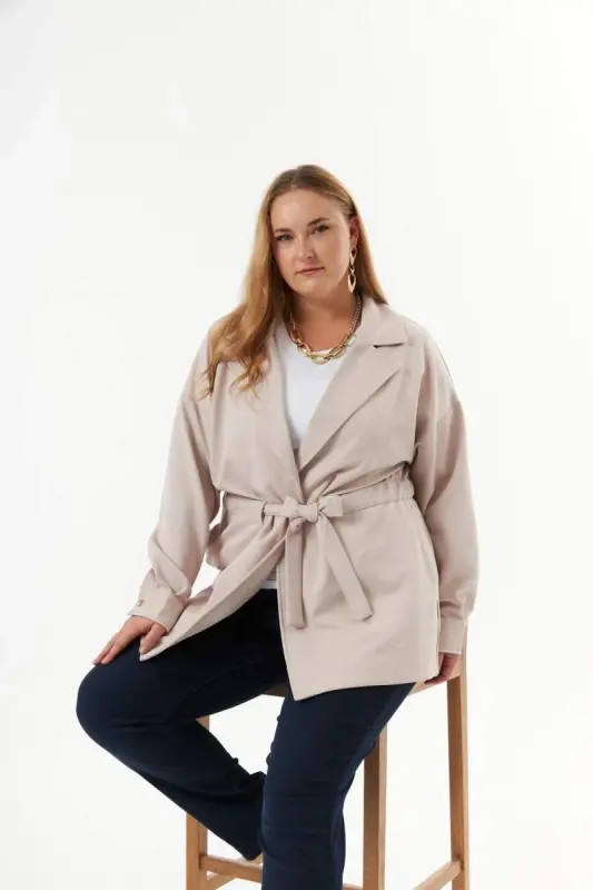 Belt Lace Detailed Plus Size Jacket Cream - BÜYÜKBEDENIZ