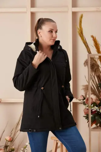 Belt Lace-Up Detailed Hooded Plus Size Black Coat - BÜYÜKBEDENIZ (1)