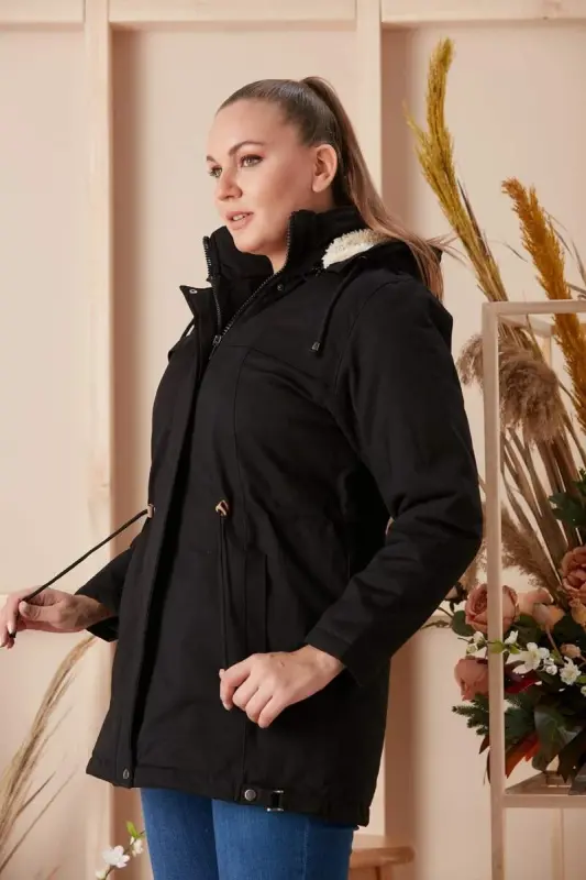 Belt Lace-Up Detailed Hooded Plus Size Black Coat - 3