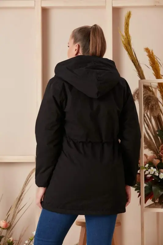 Belt Lace-Up Detailed Hooded Plus Size Black Coat - 4