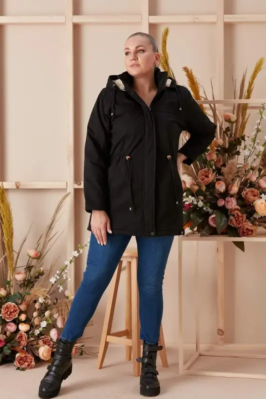 Belt Lace-Up Detailed Hooded Plus Size Black Coat - 5