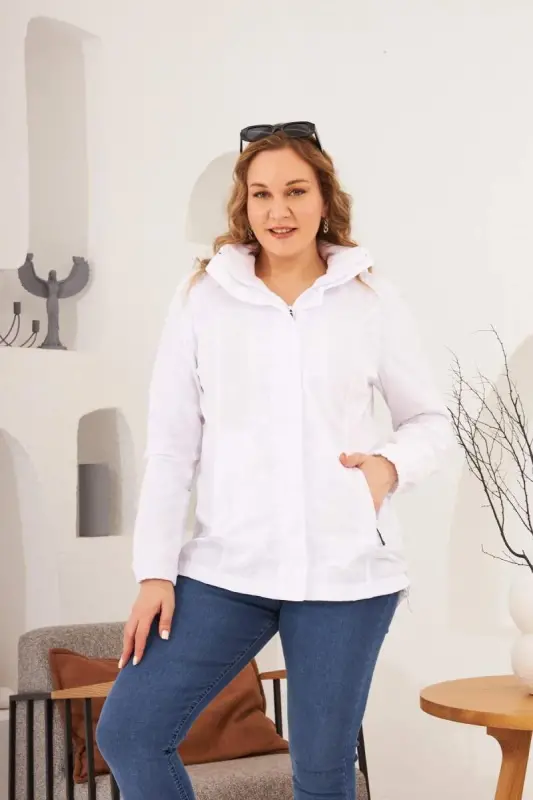Belt Tie Detail Elastic Sleeve Plus Size White Trench Coat - BÜYÜKBEDENIZ