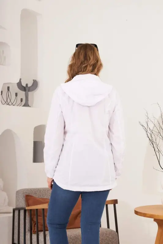 Belt Tie Detail Elastic Sleeve Plus Size White Trench Coat - 5