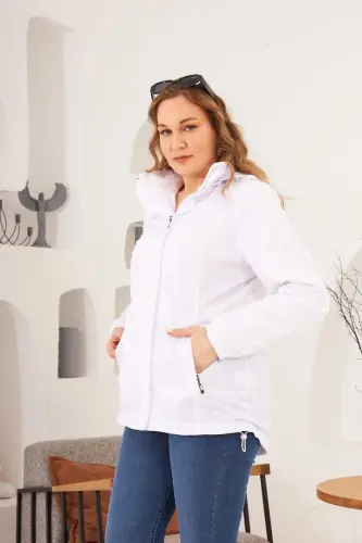 Belt Tie Detail Elastic Sleeve Plus Size White Trench Coat - 3