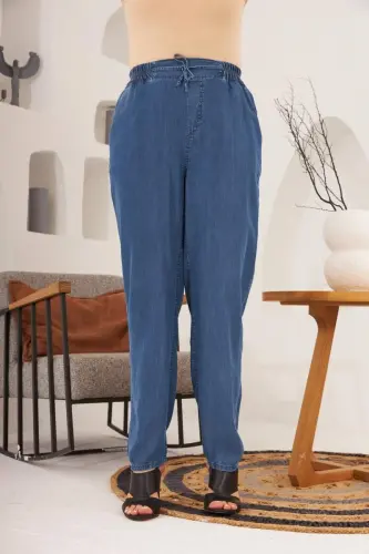 Belt Tie Detail Elastic Waist Plus Size Blue Pants - 1