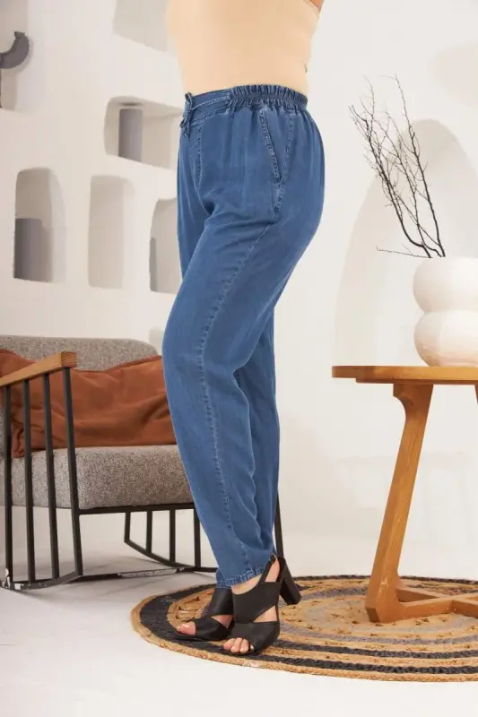 Belt Tie Detail Elastic Waist Plus Size Blue Pants - 2