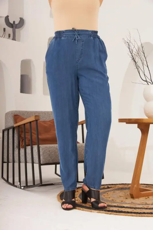 Belt Tie Detail Elastic Waist Plus Size Blue Pants - 3