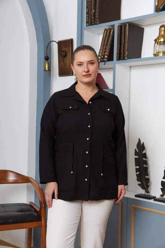 Belt Tie Detail Plus Size Black Linen Jacket - BÜYÜKBEDENIZ