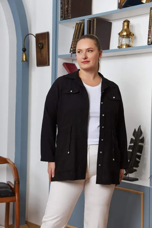 Belt Tie Detail Plus Size Black Linen Jacket - 3