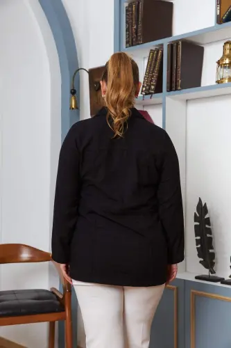 Belt Tie Detail Plus Size Black Linen Jacket - 4