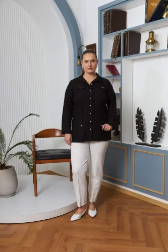 Belt Tie Detail Plus Size Black Linen Jacket - 5