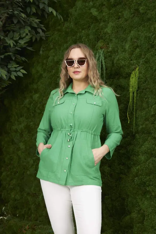 Belt Tie Detail Plus Size Green Linen Jacket - BÜYÜKBEDENIZ
