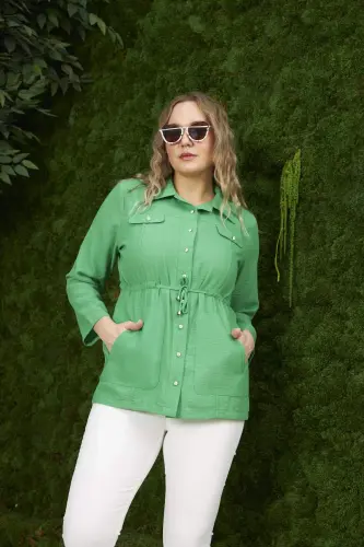 Belt Tie Detail Plus Size Green Linen Jacket - 3