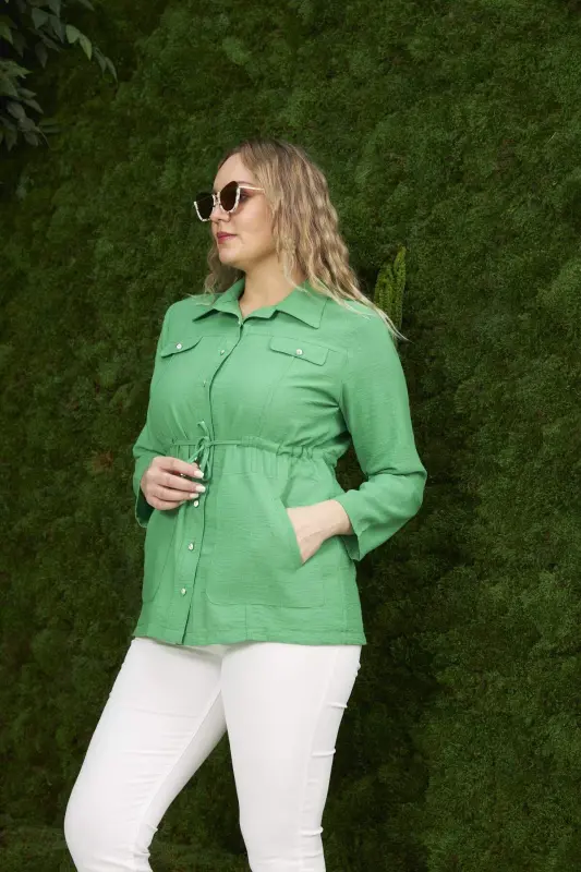 Belt Tie Detail Plus Size Green Linen Jacket - 4