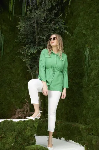 Belt Tie Detail Plus Size Green Linen Jacket - 5