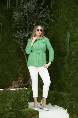 Belt Tie Detail Plus Size Green Linen Jacket - 7