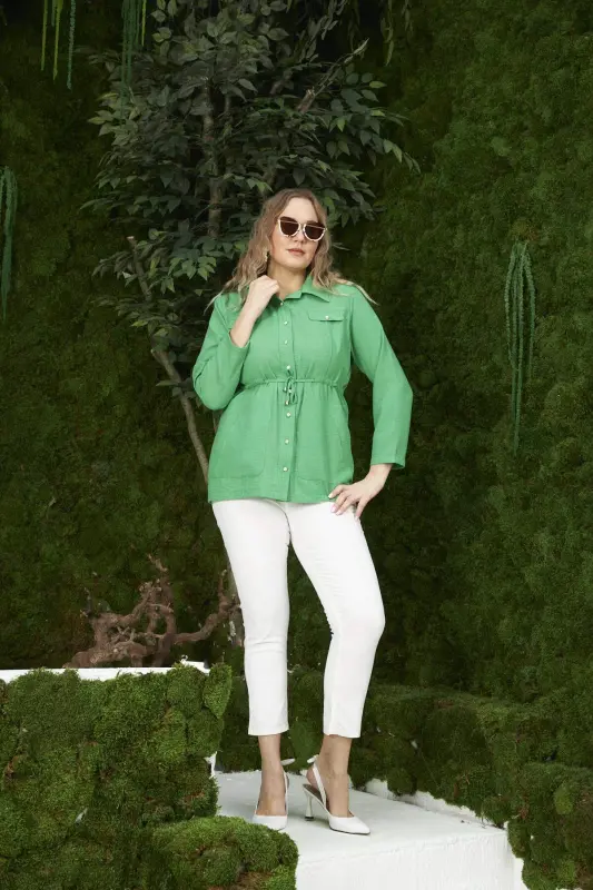 Belt Tie Detail Plus Size Green Linen Jacket - 7