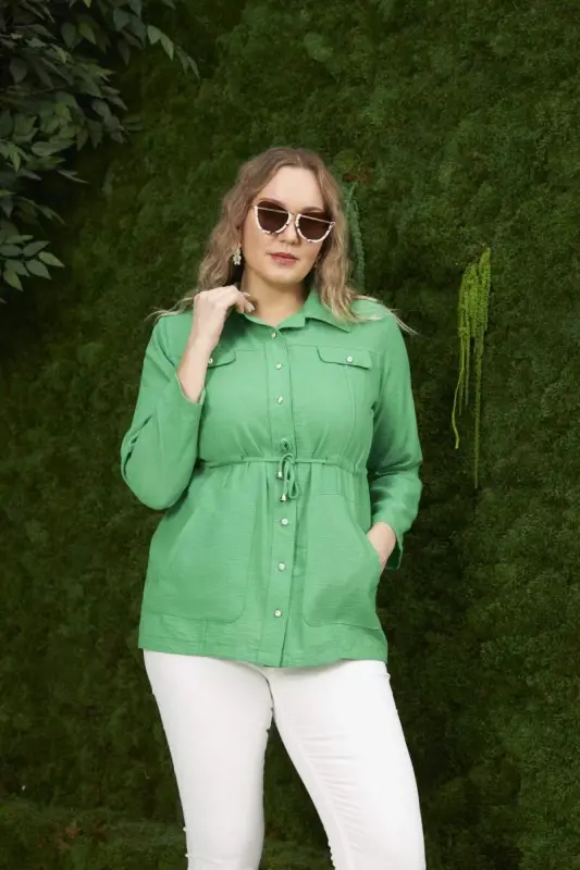Belt Tie Detail Plus Size Green Linen Jacket - 2