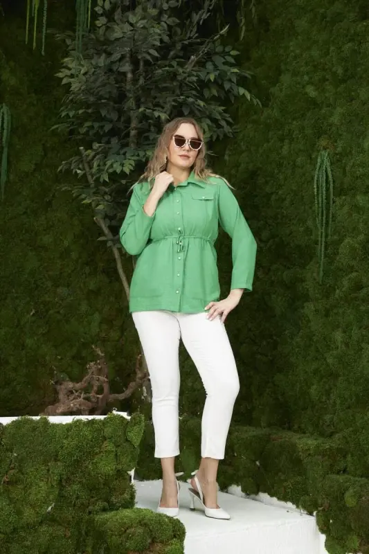 Belt Tie Detail Plus Size Green Linen Jacket - 7
