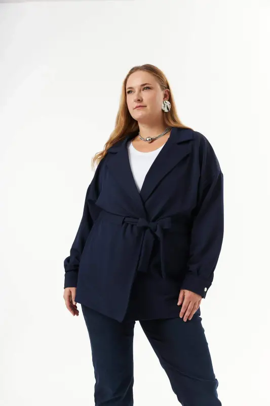 Belt Tie Detail Plus Size Jacket Navy Blue - 9