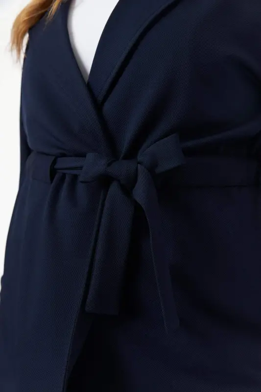 Belt Tie Detail Plus Size Jacket Navy Blue - 2