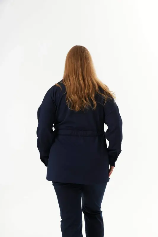 Belt Tie Detail Plus Size Jacket Navy Blue - 11