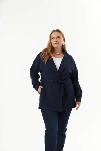 Belt Tie Detail Plus Size Jacket Navy Blue - 3