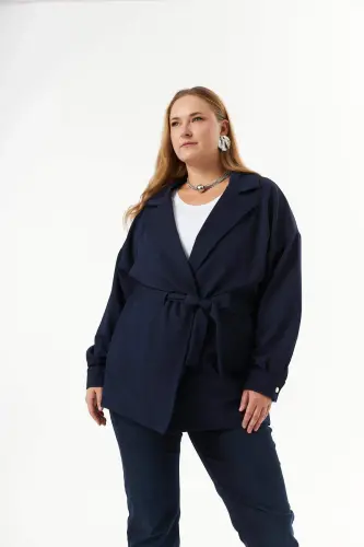 Belt Tie Detail Plus Size Jacket Navy Blue - 5