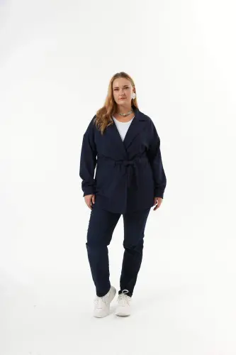 Belt Tie Detail Plus Size Jacket Navy Blue - 6