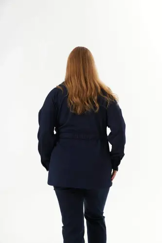 Belt Tie Detail Plus Size Jacket Navy Blue - 7