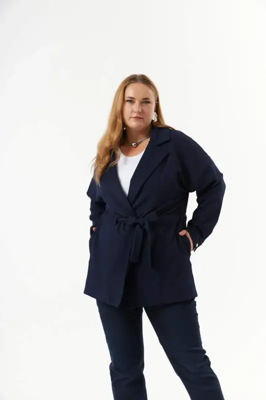 Belt Tie Detail Plus Size Jacket Navy Blue - BÜYÜKBEDENIZ