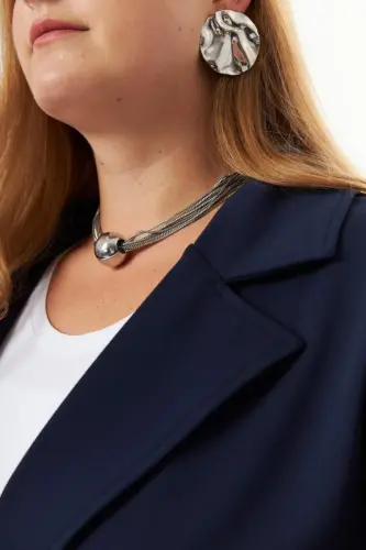Belt Tie Detail Plus Size Jacket Navy Blue - 4