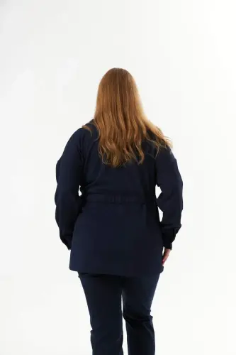 Belt Tie Detail Plus Size Jacket Navy Blue - 7