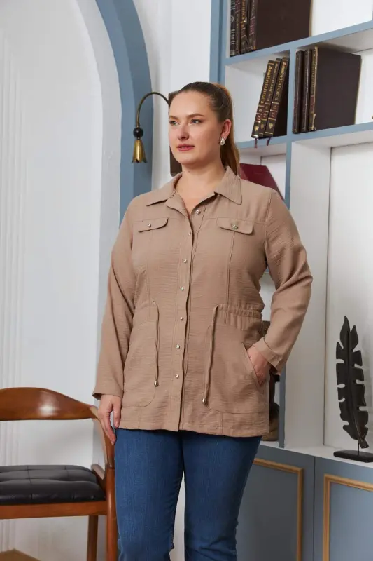 Belt Tie Detail Plus Size Mink Linen Jacket - BÜYÜKBEDENIZ
