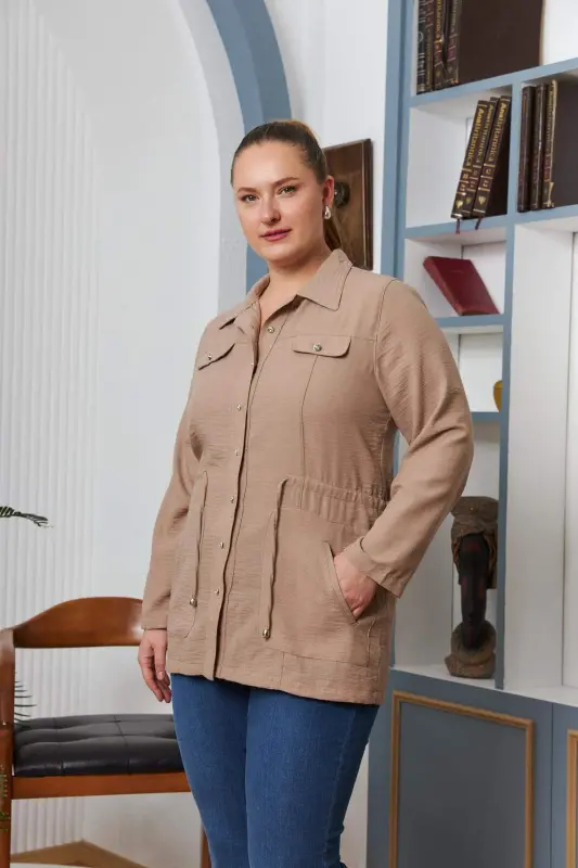 Belt Tie Detail Plus Size Mink Linen Jacket - 3