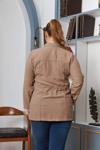 Belt Tie Detail Plus Size Mink Linen Jacket - 4