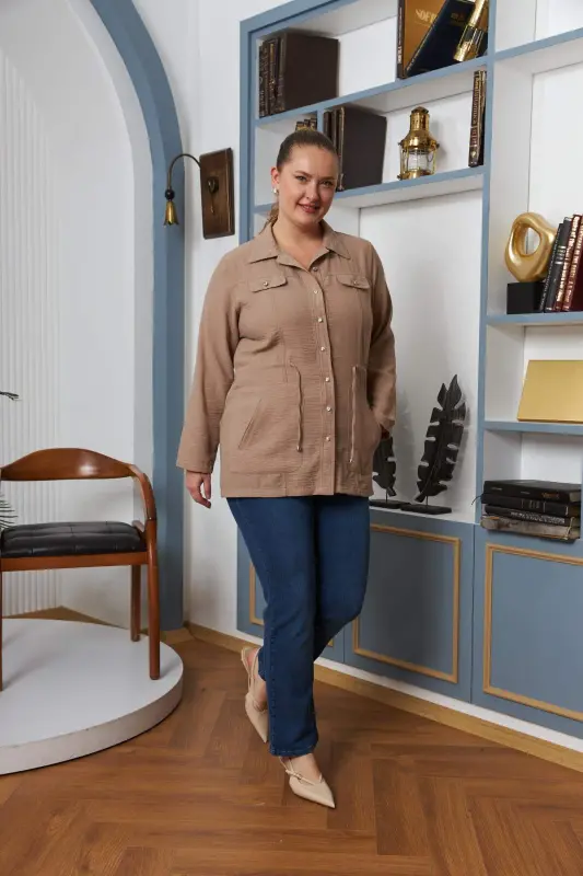 Belt Tie Detail Plus Size Mink Linen Jacket - 5