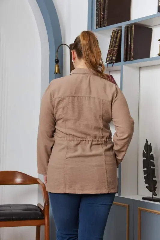 Belt Tie Detail Plus Size Mink Linen Jacket - 4
