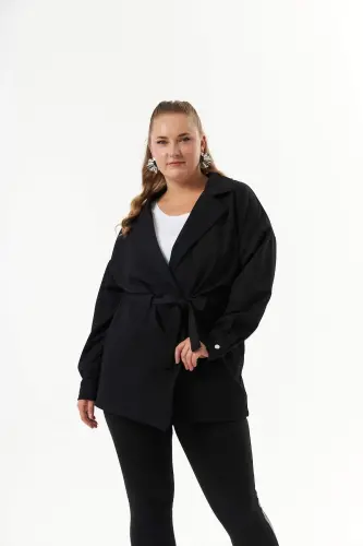 Belt Tie Detailed Plus Size Jacket Black - 1