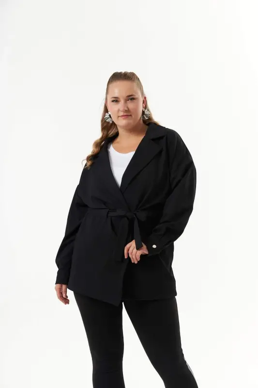 Belt Tie Detailed Plus Size Jacket Black - 1