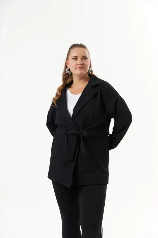 Belt Tie Detailed Plus Size Jacket Black - 2