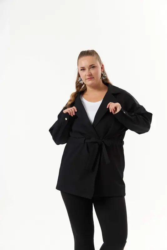 Belt Tie Detailed Plus Size Jacket Black - 3