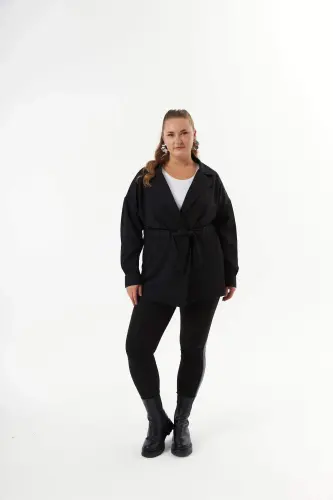 Belt Tie Detailed Plus Size Jacket Black - 4