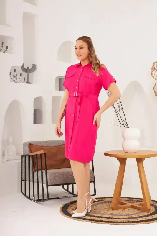 Belted and Pocket Detail Buttoned Short Sleeve Plus Size Dress Fuchsia - 2
