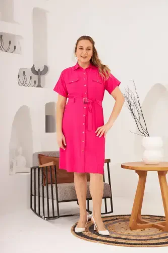 Belted and Pocket Detail Buttoned Short Sleeve Plus Size Dress Fuchsia - 3